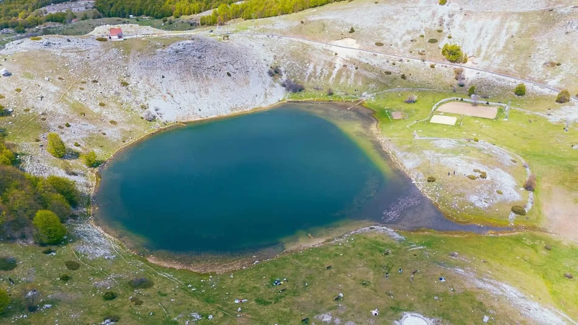 Top-down drone shot of the glacial lake