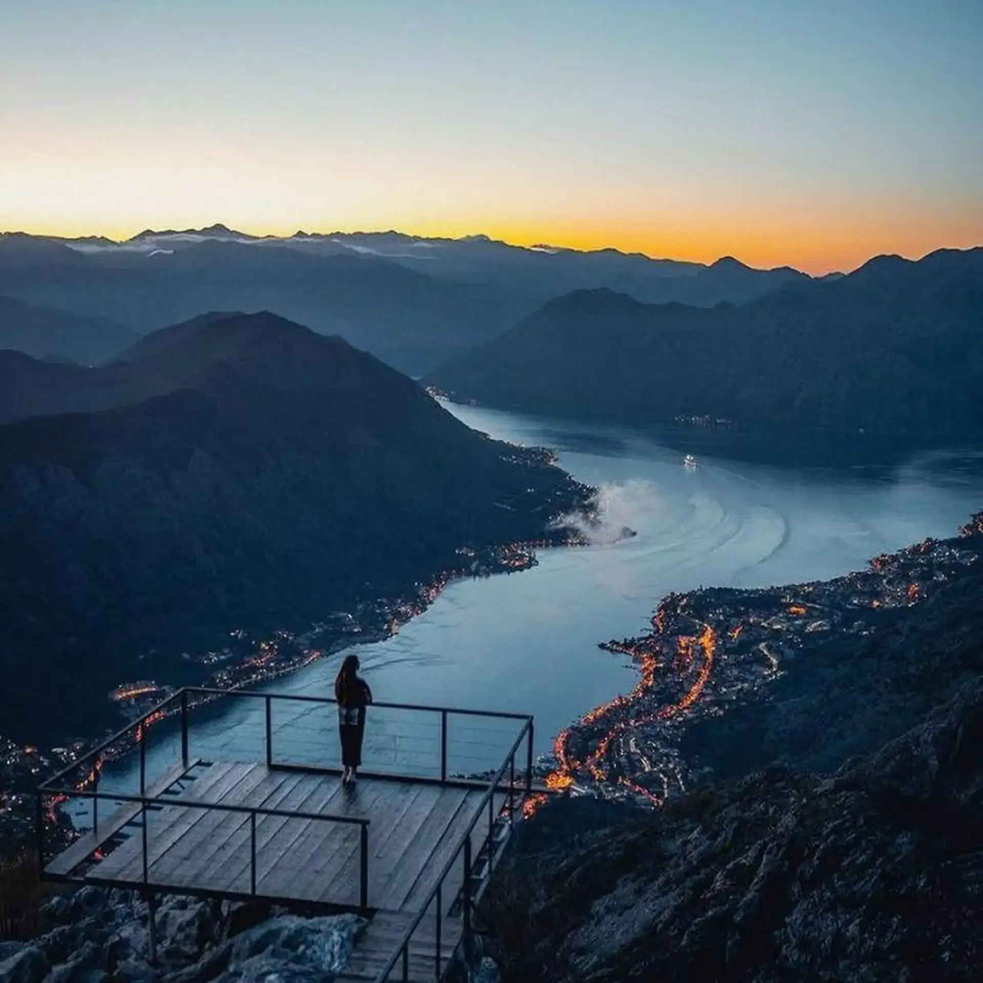Sunset over the Bay of Kotor from a cliff-top viewpoint