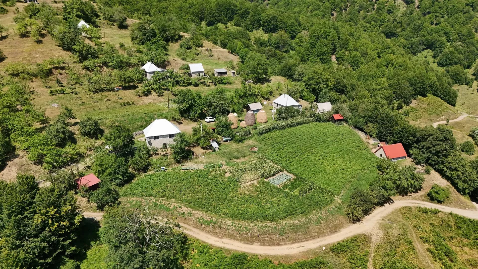 Drone shot of stone houses and meadows in Liješnje